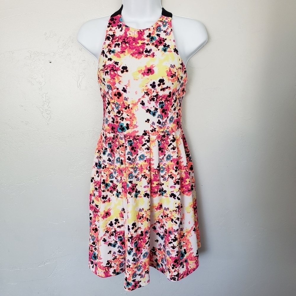 SO Small Neon Colorful Floral Textured Mini Dress Black X Back Straps Summer